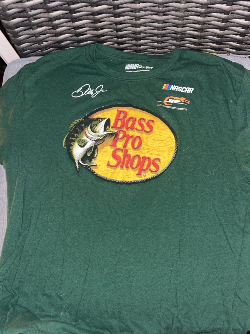 Bass Pro Shops Green Shirt with Yellow Logo and Fish Graphic